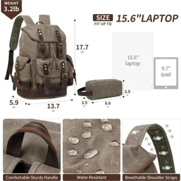 New Waxed Canvas Retro Backpack Rucksack Army Green - Picture 7 of 9